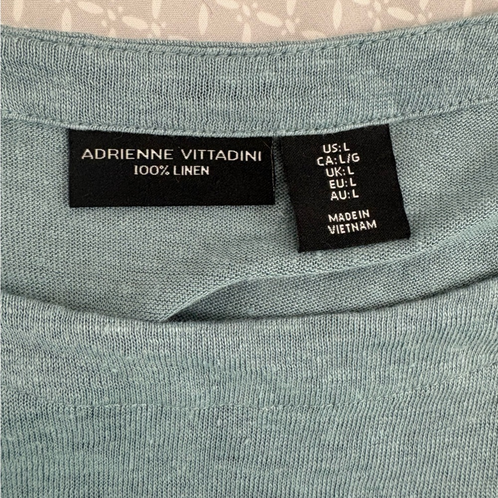 Large Sage Green Adrienne Vittadini Boatneck Linen Roll Tab Sleeve Top - Picture 5 of 11